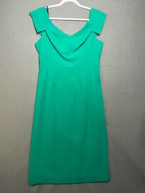Black Halo Green Sheath Dress Size 10 Draped Neck Cap Sleeve Knee Length